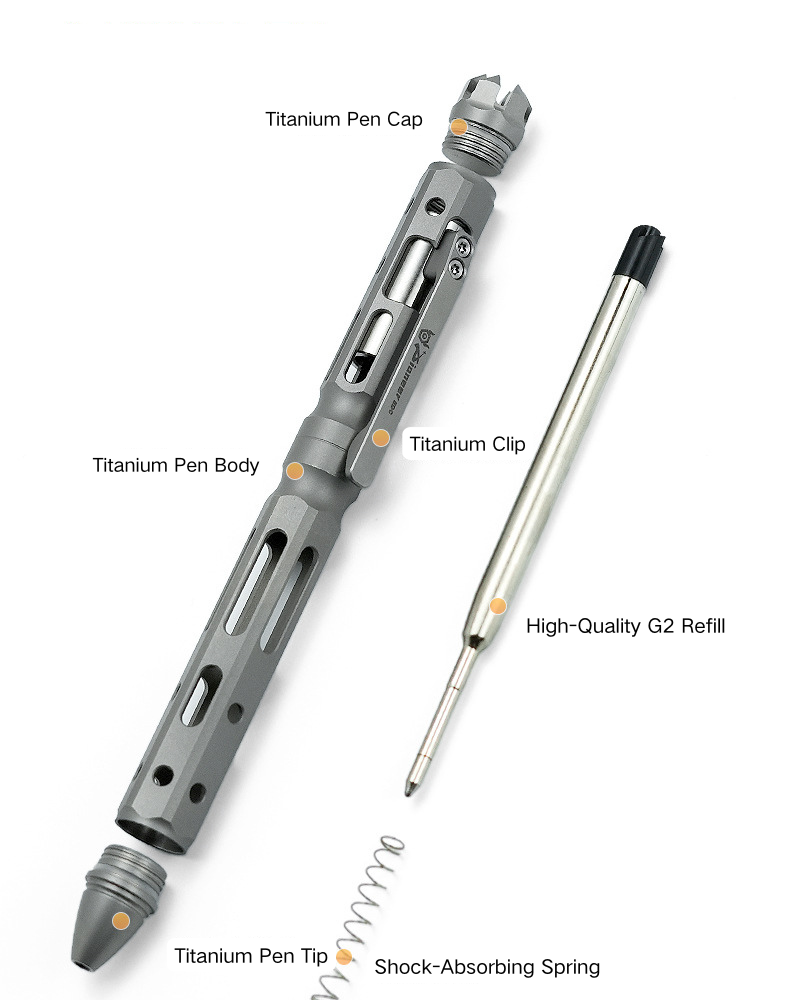 Full titanium tactical pen with gun bolt mechanism, hidden tail cone, and luxury gift box