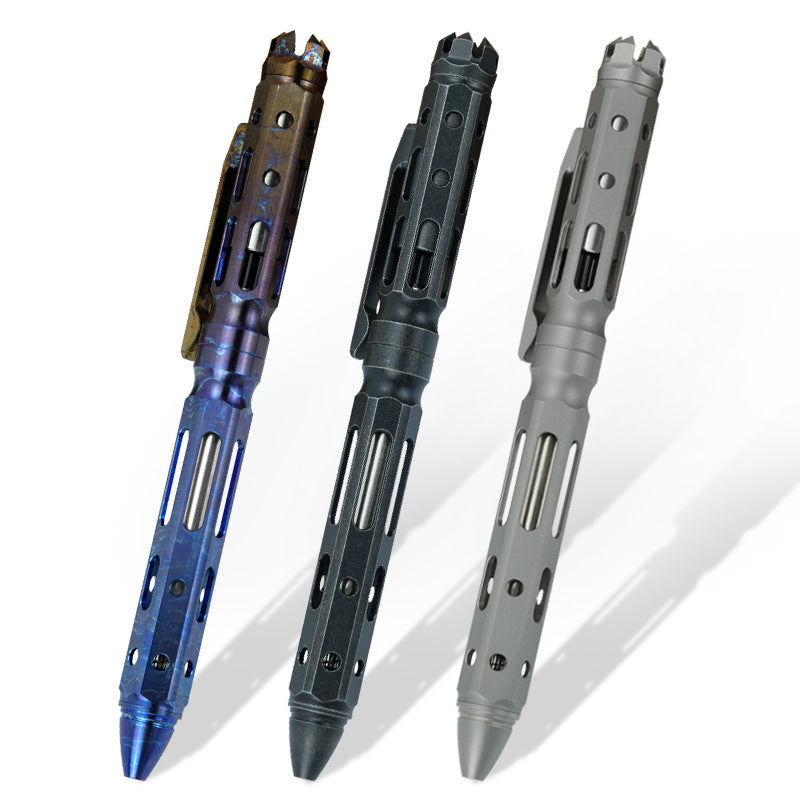 Full titanium tactical pen with gun bolt mechanism, hidden tail cone, and luxury gift box