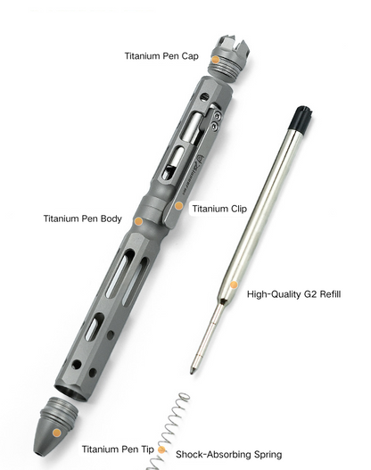 Full titanium tactical pen with gun bolt mechanism, hidden tail cone, and luxury gift box