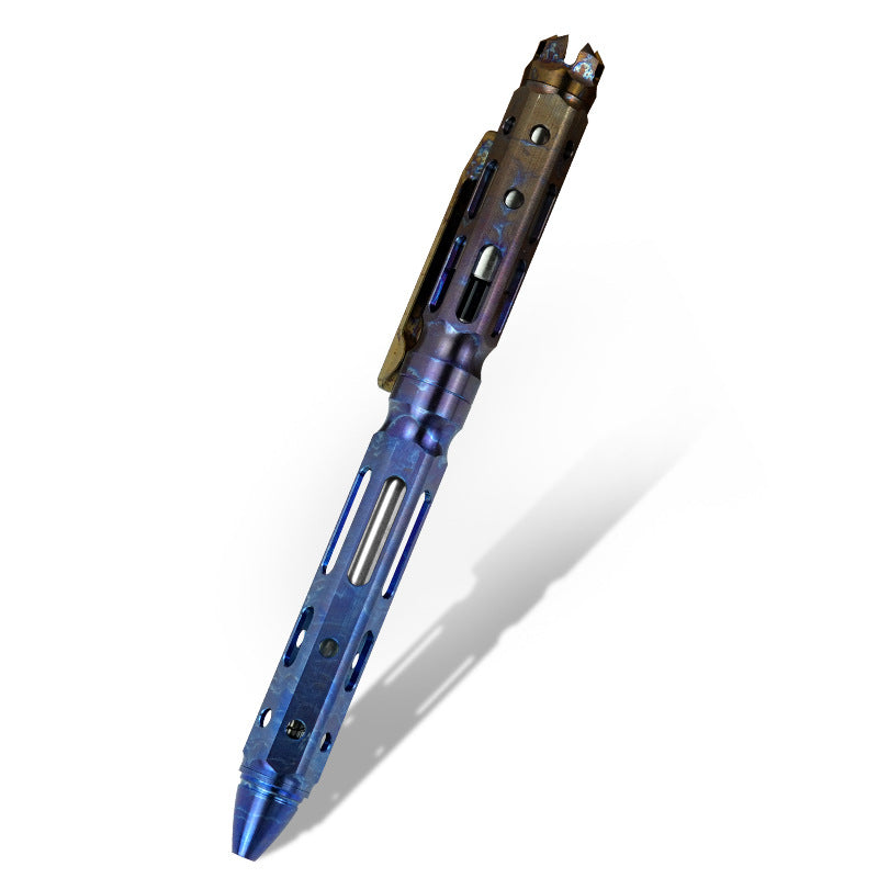 Full titanium tactical pen with gun bolt mechanism, hidden tail cone, Rainbow Electroplating，and luxury gift box